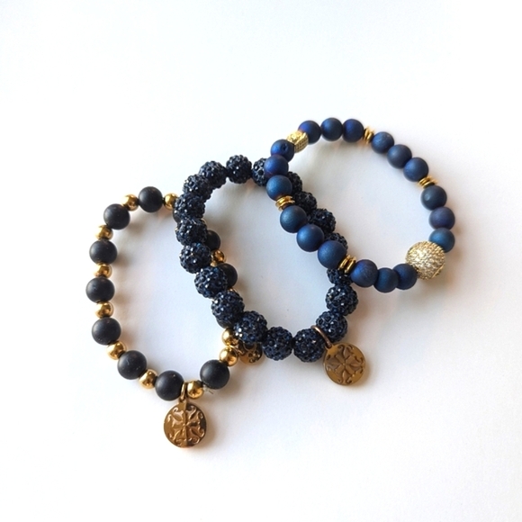 Rustic Cuff Box Set/ 3 Stretch Bracelets Shamballa, Painted Wood Navy Black Gold - Picture 1 of 12